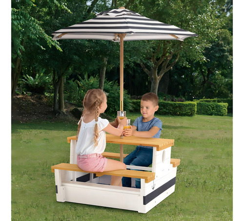 Mesa Infantil De Picnic Con Sombrilla Y Bancos Color Blanco