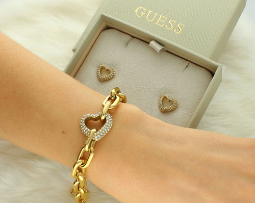 Box Set Pulsera Aretes Dorado Beloved Guess Mujer Diámetro 9 Cm Largo 18 Cm