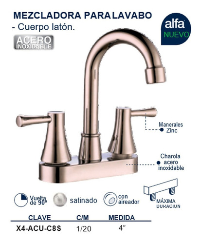 Llave Mezcladora Baño Lavabo Satinado Latón Vuelta 90° Alfa