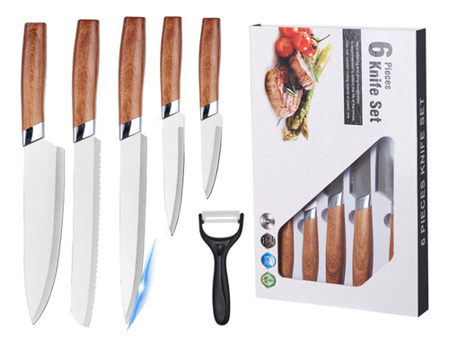 Set De 5 Cuchillos Acero Premium Mango De Madera Con Pelador Color Marrón
