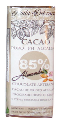  Chocolate 85% Cacao Almendra Sin Azucar Stevia Keto Vegano