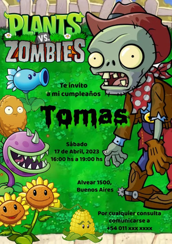 Tarjeta Invitación Cumpleaños Plantas Vs Zombies Digital Pvz