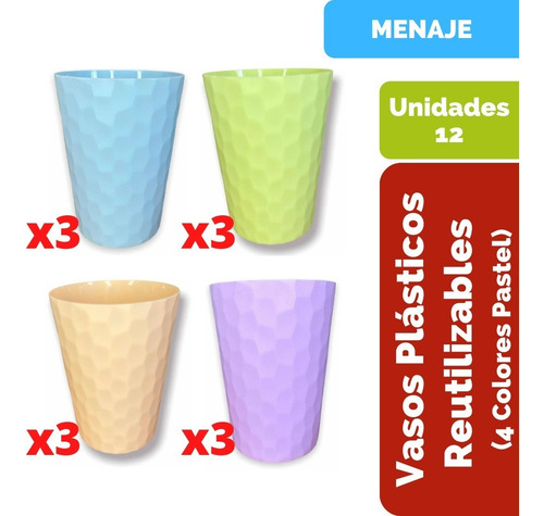 Imagen 2 de 9 de Set De 12 Vasos Plásticos Reutilizables De Colores Pastel