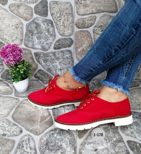 Zapato Para Dama Oxford Color Rojo De Cordón Moda Casual