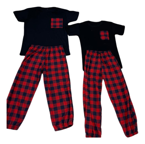 Super Kit Duo Pijama Parejas Franela De Cuadros Rojo -7 Pz