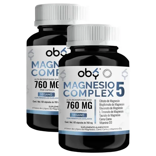 Oby Magnesio Complex 5 | Citrato, Glicinato, Treonato, Taurato, Gluconato | Sin Oxido | Minerales Quelados Polvo, Camu C Y D3 | Magnesium Complejo Premium | Vitaminas Mujer Y Hombre | 120 Capsulas