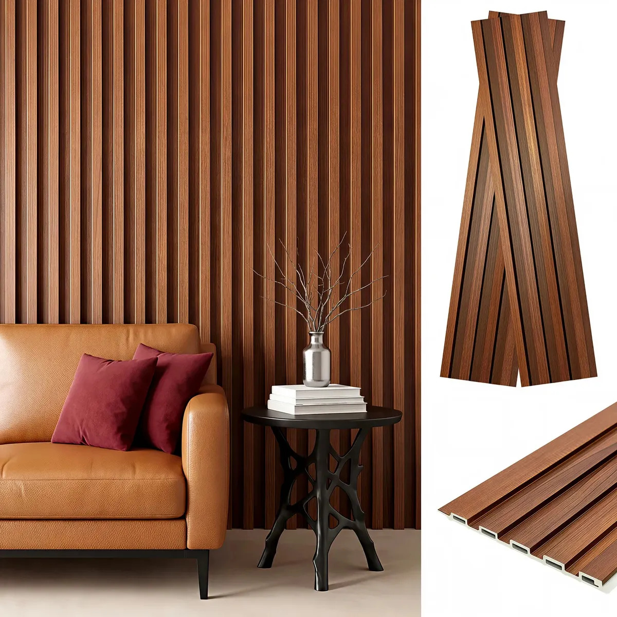 paneles decorativos Pared 3d veta de madera Wpc 100cmx16cm 12 Pzs 1.9 M2 Paneles Estriados Impermeable De Pvc Para Decoración De Paredes Interiores En Dormitorios, Salones, Etc.col