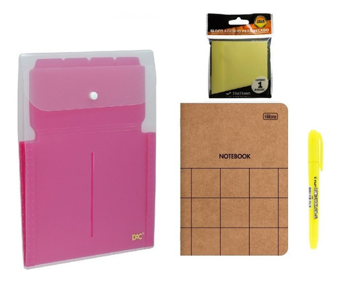 Kit Office Pasta Sanfonada Rs + Marca Texto + Bloco Adesivo