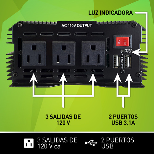 Conversor De Corriente Taika 12v A 110v 1000w 3 Ca Y 2 Usb