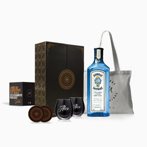 Gin Bombay 750 2 Vasos Negros Grabados Estuche Box