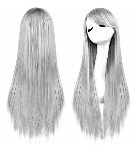 ¡ Peluca Lisa 80cm Kanekalon Larga Cabello Gris Plateado !!