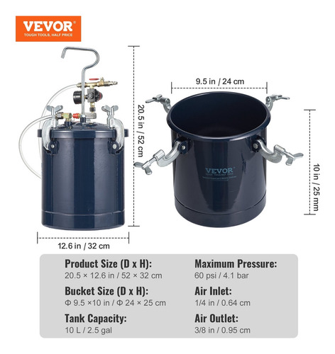 Tanque De Presión Pintura Vevor 10l 2.5gal 2 Pistolas 60 Psi