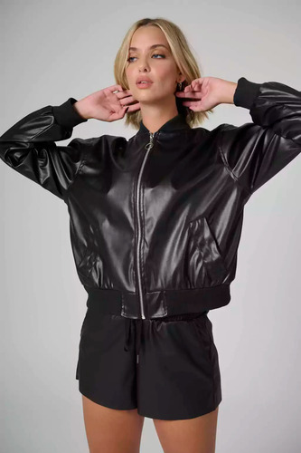 Campera Bomber Mujer Pu Cuerina Con Cierre Solmaint