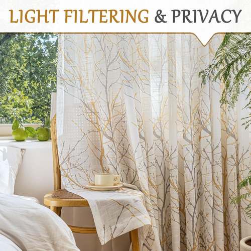 Cortinas De Lino Amarillo Estampado Árbol Gris 2 Paneles