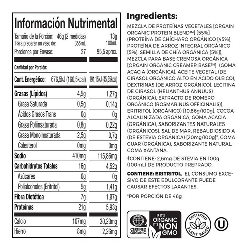 Proteína Orgánica Polvo Sabor Chocolate Orgain 1.242 Kg