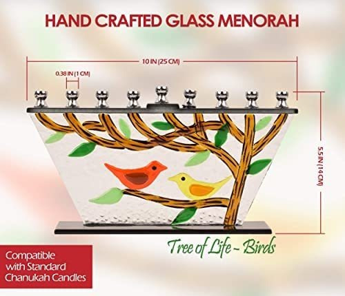 Imagen 3 de 5 de Ner Mitzvah Glass Hanukkah Menorah - Birds, Tree Of Life Men