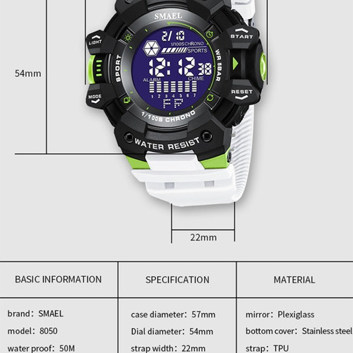 Relógio digital impermeável de luxo Smael para homens, cor de pulseira verde militar