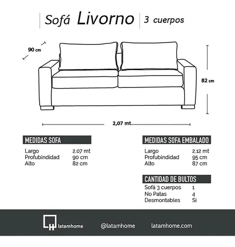 Sofa Livorno 3 Cuerpos Tela Velvet - Latam Home