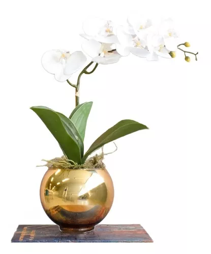 Arranjo Orquídea De Silicone Branca No Vaso De Vidro Dourado | Formosinha