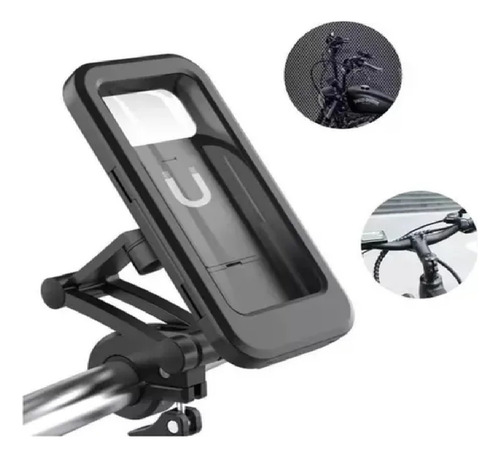 Soporte Celu Moto Bici Funda 360°+ Visor Trasero Impermeable Negro Lisa
