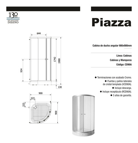 Cabina Box Ducha Cuadrada Vidrio 90x90 Piazza + Receptaculo