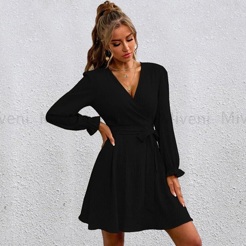 Vestido De Color Sólido Con Cuello Abierto Y Manga Linterna