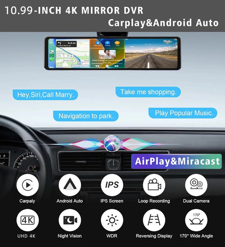 Espejo Retrovisor Dvr Para Automóvil De 12 Con Carplay 4k