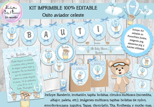 Kit Imprimible Candy Bar Oso Osito Aviador 100% Editable