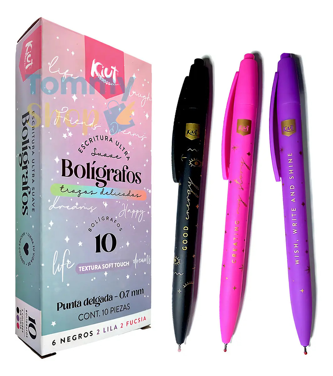 Bolígrafos Kiut Soft Touch Negros con Lila y Fucsia, Pack de 10 pza