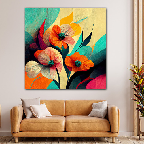 Cuadro Plantas Flores Color Naranja Canvas Elegante 60x60