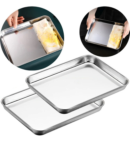 6 Bandeja Lisa Assadeira Baixa 31 Cm Retangular Aço Inox Cor Prateado