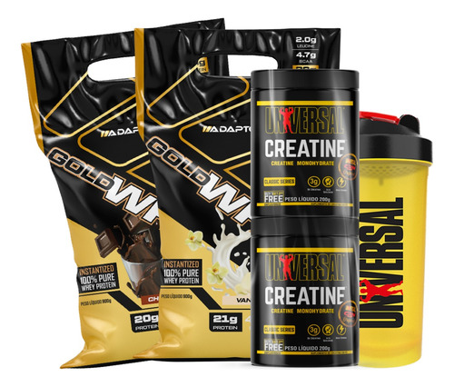 Combo 2 Gold Whey 900g Adaptogen 2 Creatina Universal 200g