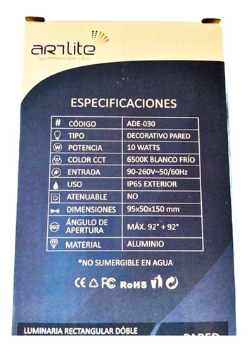 Luminaria Led Pared Rectangular Mate Doble Disparo Artlite A