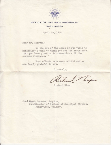 1958 Vice President Usa Richard Nixon Office Signed Uruguay