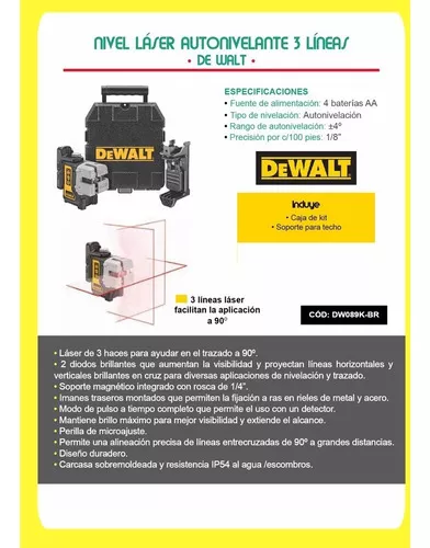 Nivel Laser Dewalt Autonivelante 30mt Cruz Y Vertical Dw089k