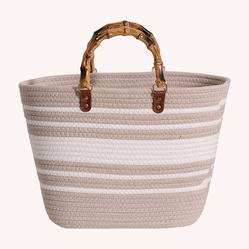 Bolsos De Playa De Moda Con Mango De Bambú, Algodón Tejido A