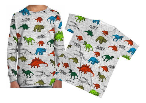Camiseta Infantil Dinossauros Color, Kit 2 Pçs Lon/curt