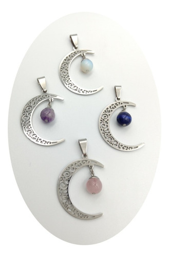 Set 4 Dijes Luna Con Piedra Natural Acero Quirurgico 316l