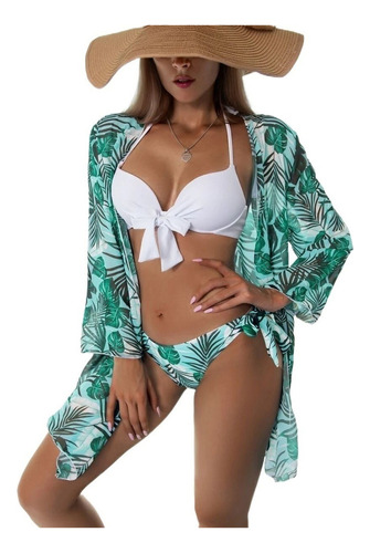 Bikini Set + Printed Kimono Beach Cover-up