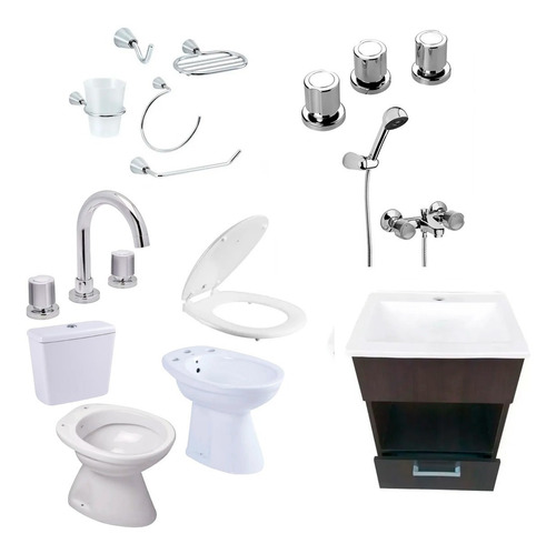 Imagen 1 de 9 de Juego Baño Completo Vanitory Grifería Sanitarios Accesorios