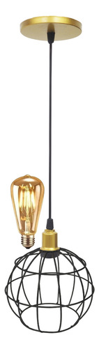 Pendente Aramado Globo Lustre + Lâmpada Vintage Led St64 Cor Dourado/Preto