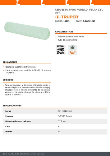 Imagen 3 de 3 de Repuesto Rodillo Pintar Felpa 12 X 5/8' Lisa 13893 6 Pz
