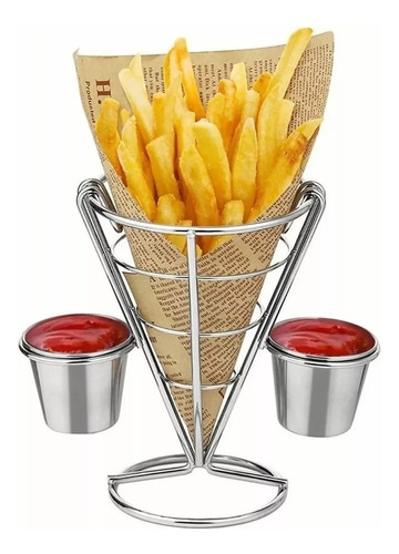 Cono Soporte Papas Fritas Y Botana Acero Inoxidable 2 Dips