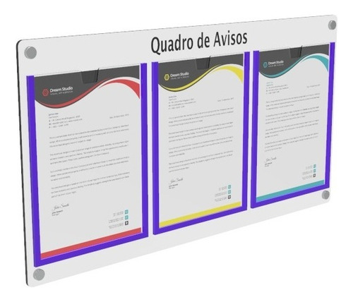 Quadro De Gestão Mdf C/3 Displays Verticais A4 Acrílico