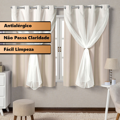 Cortina Blackout / Blecaute Para Cozinha/ 2,20x1,40 Com Voil Cor Cortina Bege