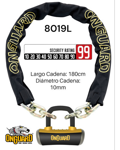 Imagen 2 de 5 de Cadena Con Candado Onguard 8019l Para Bicicleta Motocicleta