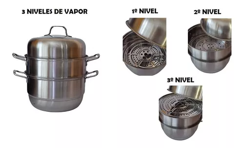Olla de vapor de acero inoxidable de 3 niveles de múltiples niveles para  cocinar con inserto de sartén apilable, tapa y tapa, vaporizador de