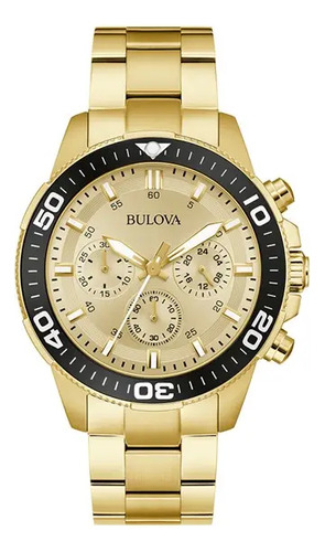 Reloj Bulova Hombre 98a315 Correa Dorado Bisel Negro Fondo Dorado