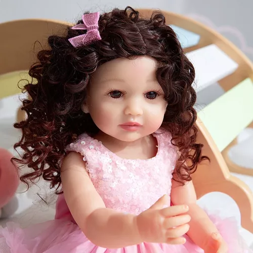 Bebê reborn boneca 100% silicone cabelo encaracolado olhos marrom