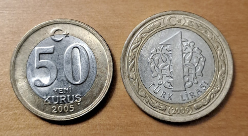 Turquia X 2 Monedas 1 Lira 2009 Y 50 Kurus 2005. Bimetalicas